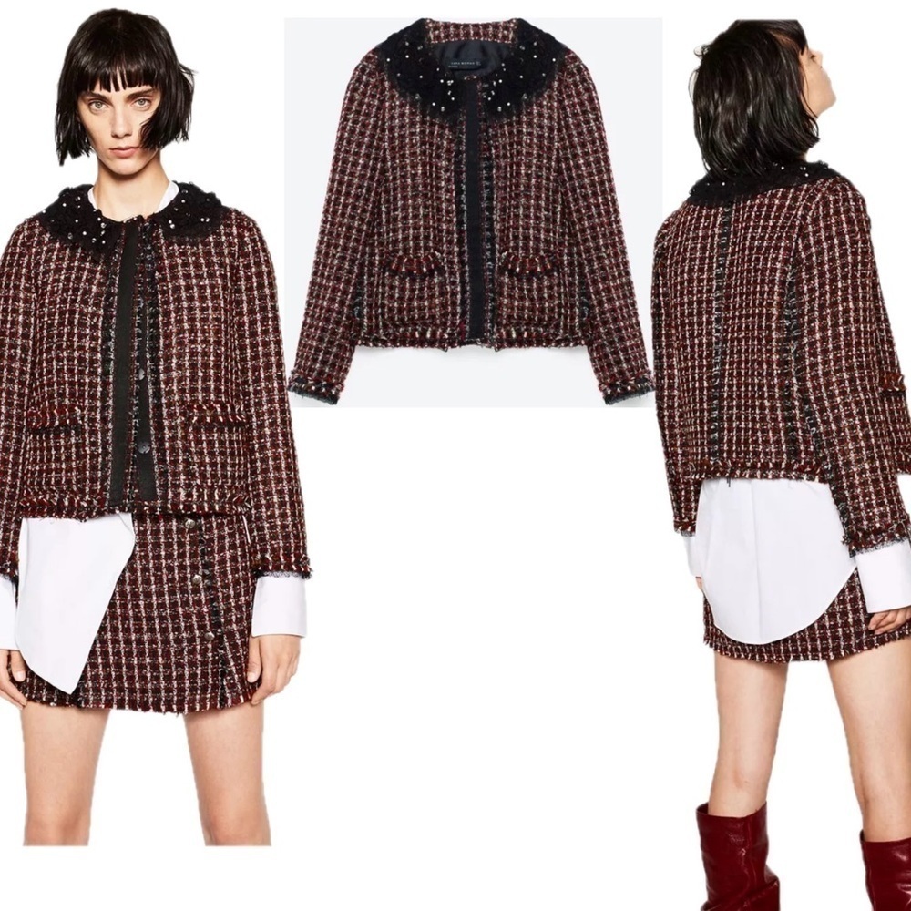 Zara red black white tweed plaid check mesh faux pearl rhinestone collar blazer